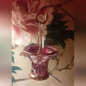 Vintage MATT MCGHEE Blown Glass Hanging Basket Handpainted Gilded c1970